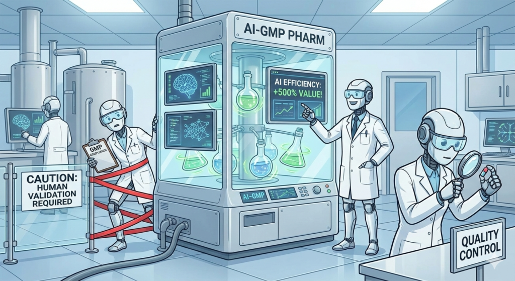 A cartoon illustration set in a biotech facility, showing one robot pointing to an AI machine displaying "+500% VALUE," while another robot labeled "GMP COMPLIANCE" is tangled in red tape behind a "CAUTION: HUMAN VALIDATION REQUIRED" barrier.