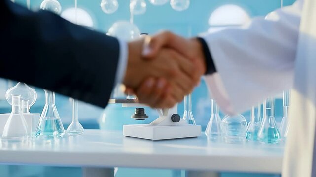 Business and science collaboration — a handshake between a pharmaceutical executive in a suit and a scientist in a lab coat, symbolizing cross-border partnerships in pharma and biotech.