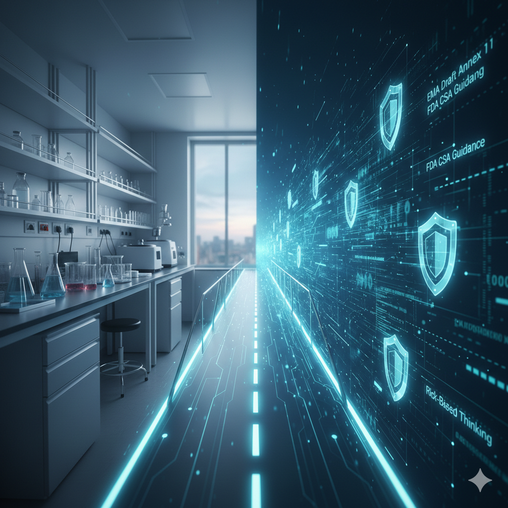 A modern pharmaceutical laboratory transitioning into a digital interface with glowing blue data streams, security shields, and regulatory text representing FDA CSA and EMA Annex 11 compliance.