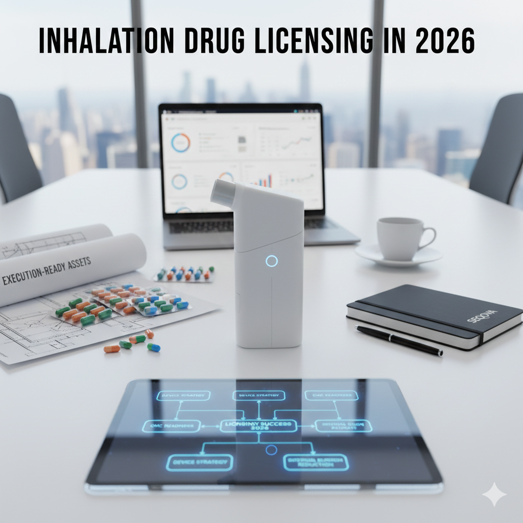 A modern boardroom table featuring a sleek white medical inhaler device, a laptop displaying pharmaceutical data charts, and a tablet showing a strategic licensing flow chart for 2026.