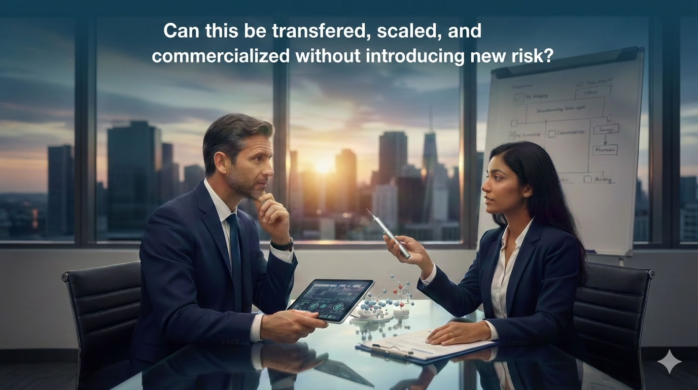 Two professionals in a high-rise office discussing a molecular model and data on a tablet. Overlaid text asks: "Can this be transferred, scaled, and commercialized without introducing new risk?"