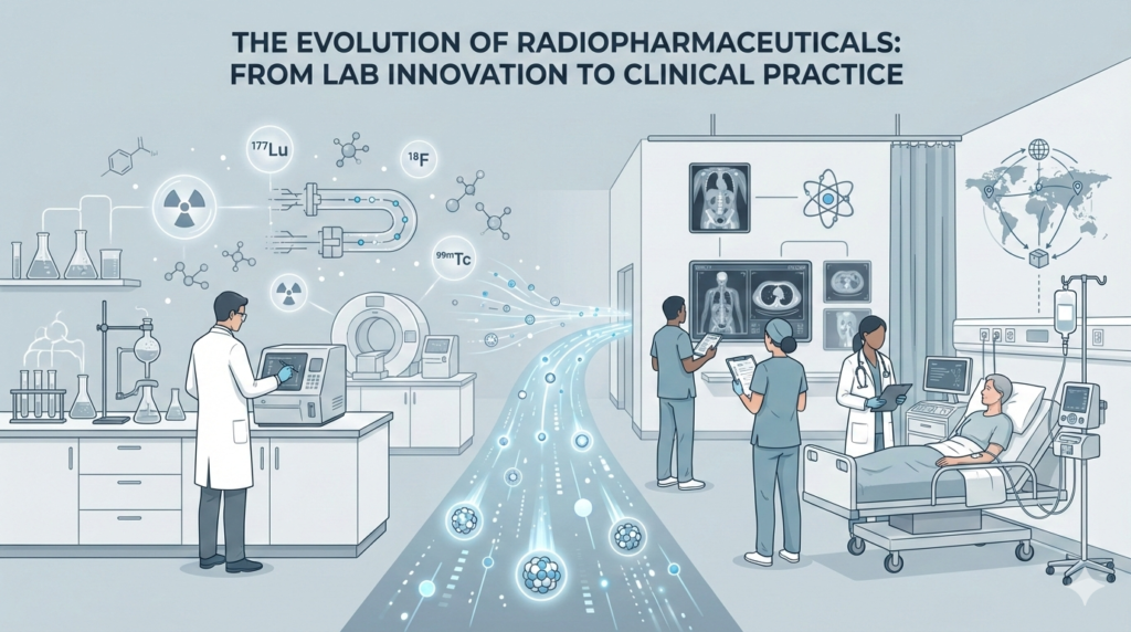 Editorial illustration showing the progression of radiopharmaceutical innovation in 2026 from laboratory development to scalable clinical patient care, featuring radioisotope symbols and medical staff in a modern hospital.